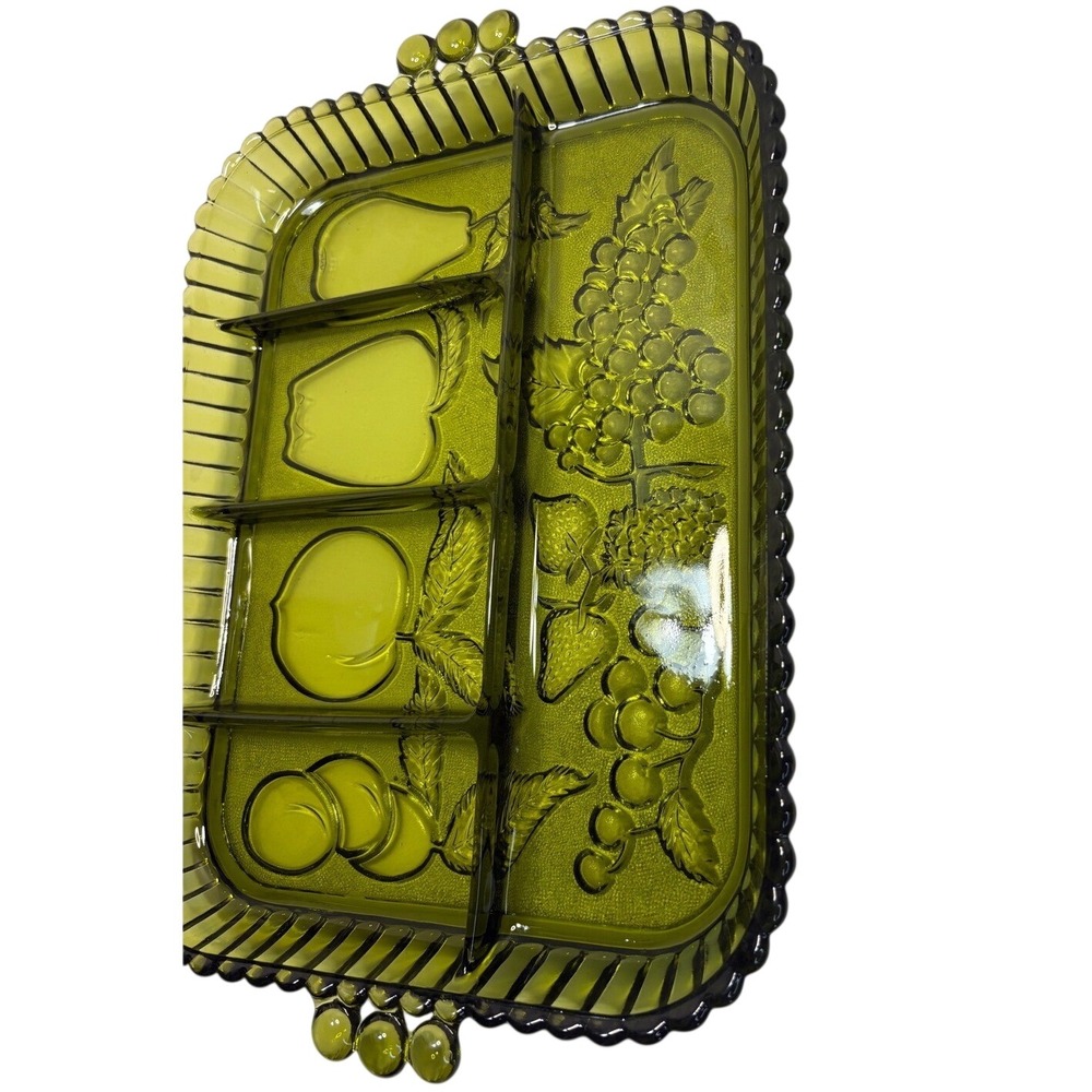 Indiana Glass Olive Green Fruit Embossed Divided Relish Tray Serving Dish Vntg - Picture 7 of 8